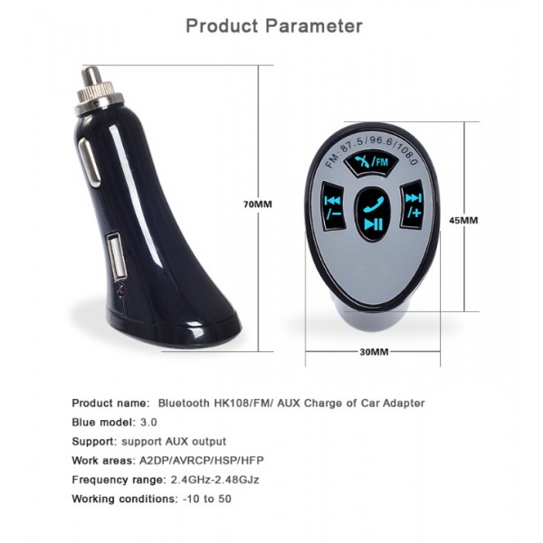Elobeth LB108 HiFi Wireless Bluetooth 3.0 A2DP 3.5mm Car AUX Stereo Audio Receiver Adapter Hands-free USB Charger