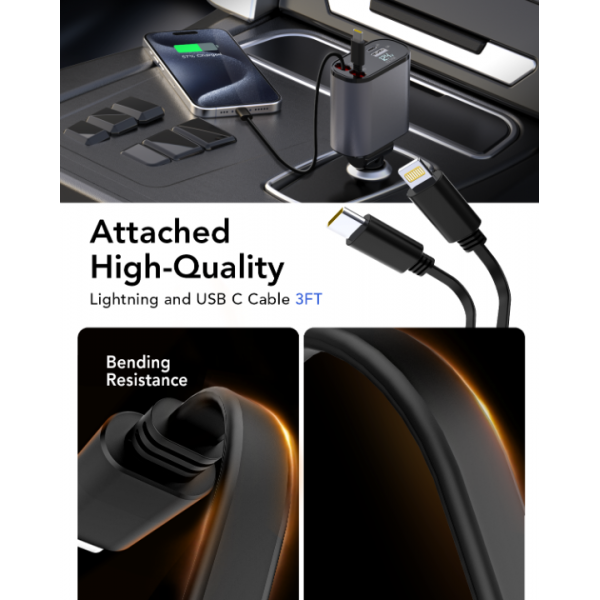 Retractable Car Charger, 4 in 1 Fast Car Phone Charger 66W, 2 Retractable Cables and USB Car Charger, Compatible with iPhone 15/14/13/12/11,Galaxy,Pixel