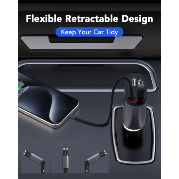Retractable Car Charger, 4 in 1 Fast Car Phone Charger 66W, 2 Retractable Cables and USB Car Charger, Compatible with iPhone 15/14/13/12/11,Galaxy,Pixel
