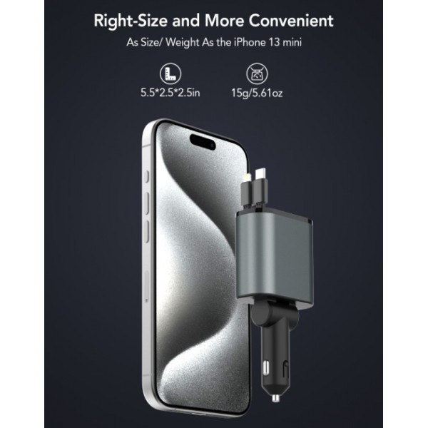 Retractable Car Charger, 4 in 1 Fast Car Phone Charger 66W, 2 Retractable Cables and USB Car Charger, Compatible with iPhone 15/14/13/12/11,Galaxy,Pixel