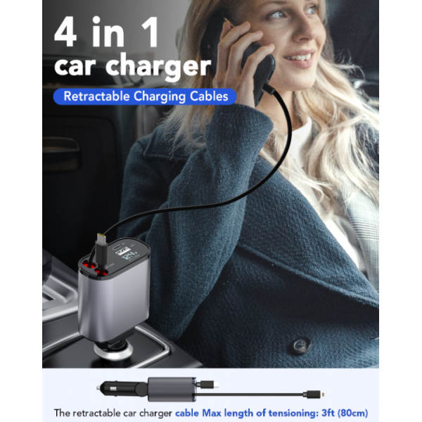 Retractable Car Charger, 4 in 1 Fast Car Phone Charger 66W, 2 Retractable Cables and USB Car Charger, Compatible with iPhone 15/14/13/12/11,Galaxy,Pixel
