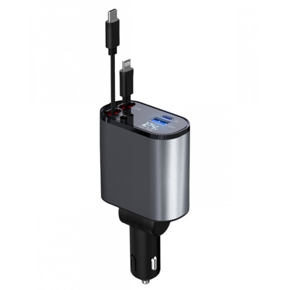 Retractable Car Charger, 4 in 1 Fast Car Phone Charger 66W, 2 Retractable Cables and USB Car Charger, Compatible with iPhone 15/14/13/12/11,Galaxy,Pixel
