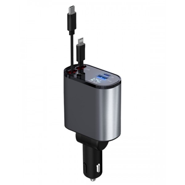 Retractable Car Charger, 4 in 1 Fast Car Phone Charger 66W, 2 Retractable Cables and USB Car Charger, Compatible with iPhone 15/14/13/12/11,Galaxy,Pixel