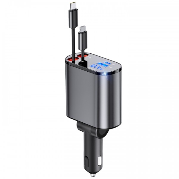 Retractable Car Charger, 4 in 1 Fast Car Phone Charger 66W, 2 Retractable Cables and USB Car Charger, Compatible with iPhone 15/14/13/12/11,Galaxy,Pixel