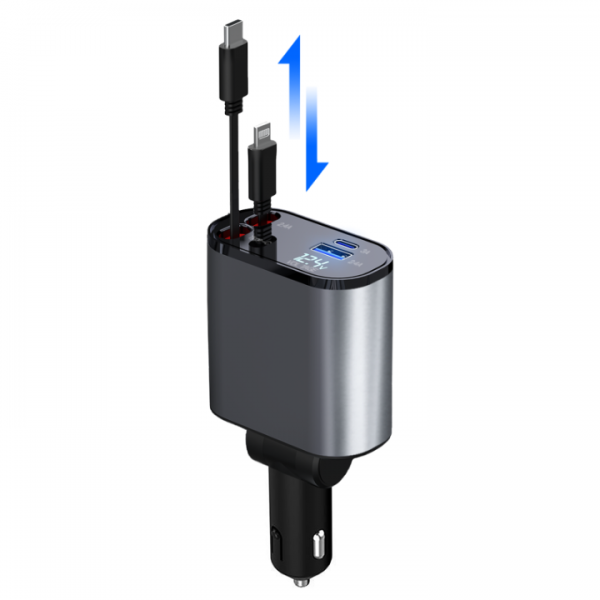 Retractable Car Charger, 4 in 1 Fast Car Phone Charger 66W, 2 Retractable Cables and USB Car Charger, Compatible with iPhone 15/14/13/12/11,Galaxy,Pixel