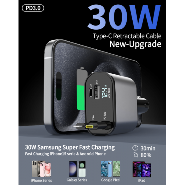 Retractable Car Charger, 4 in 1 Fast Car Phone Charger 66W, 2 Retractable Cables and USB Car Charger, Compatible with iPhone 15/14/13/12/11,Galaxy,Pixel